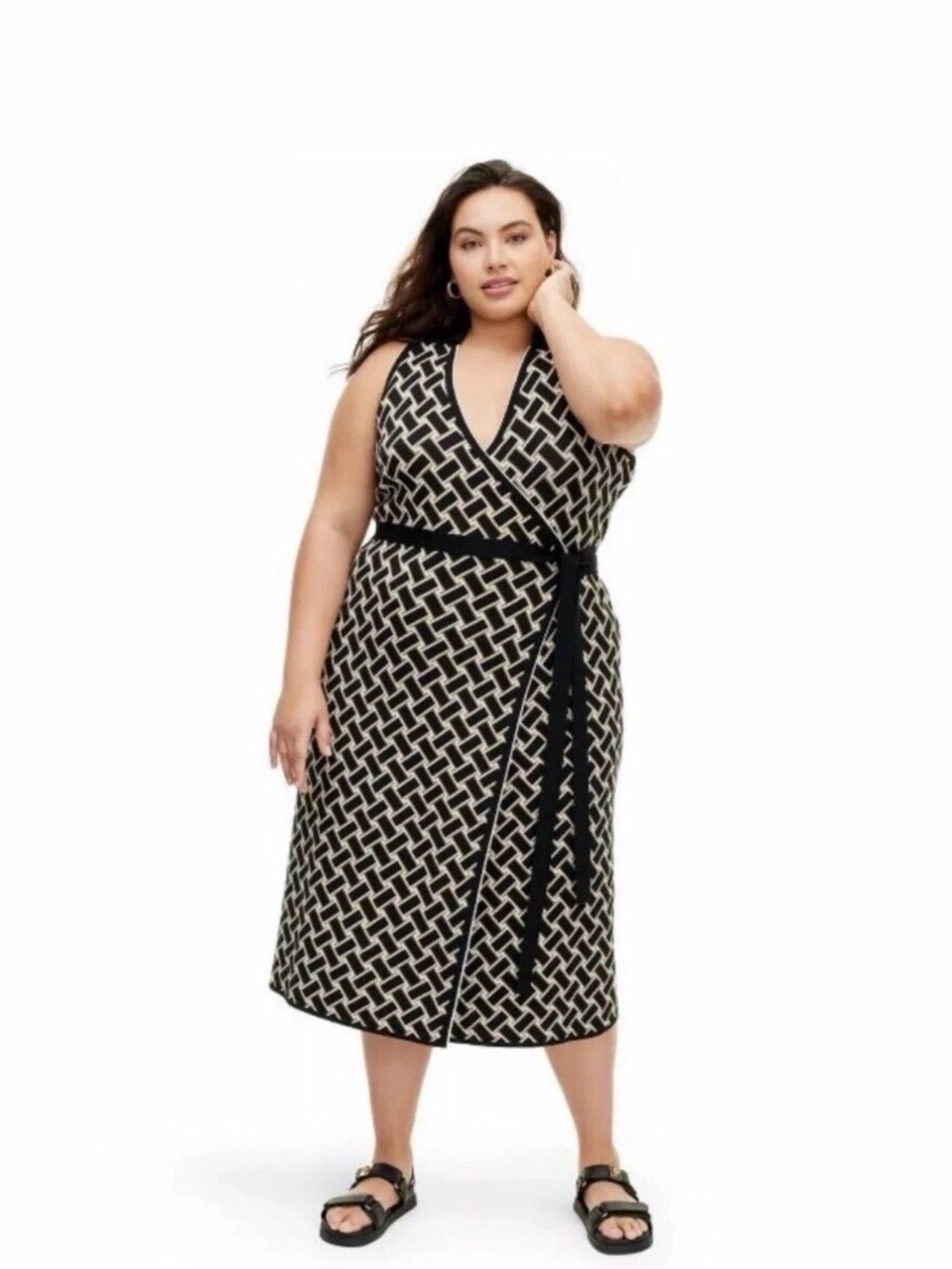 Diane Von Furstenberg Black and Cream Geometric Wrap Midi Dress